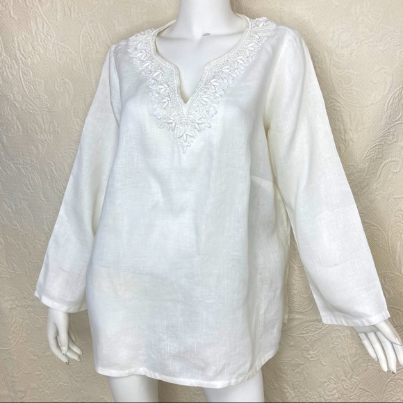 Talbots Tops - Talbots Beaded White Linen Tunic